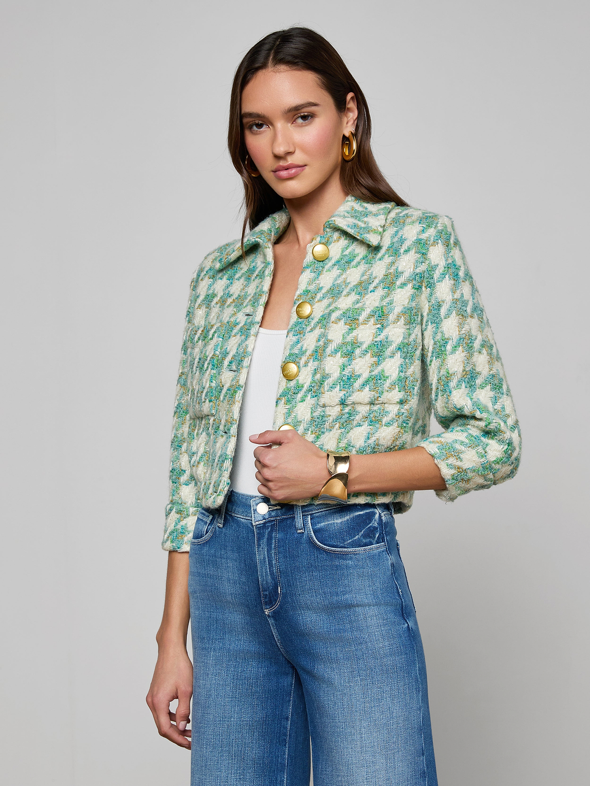 Jia Houndstooth Tweed Jacket in Dusty Jade Multi Houndstooth | L