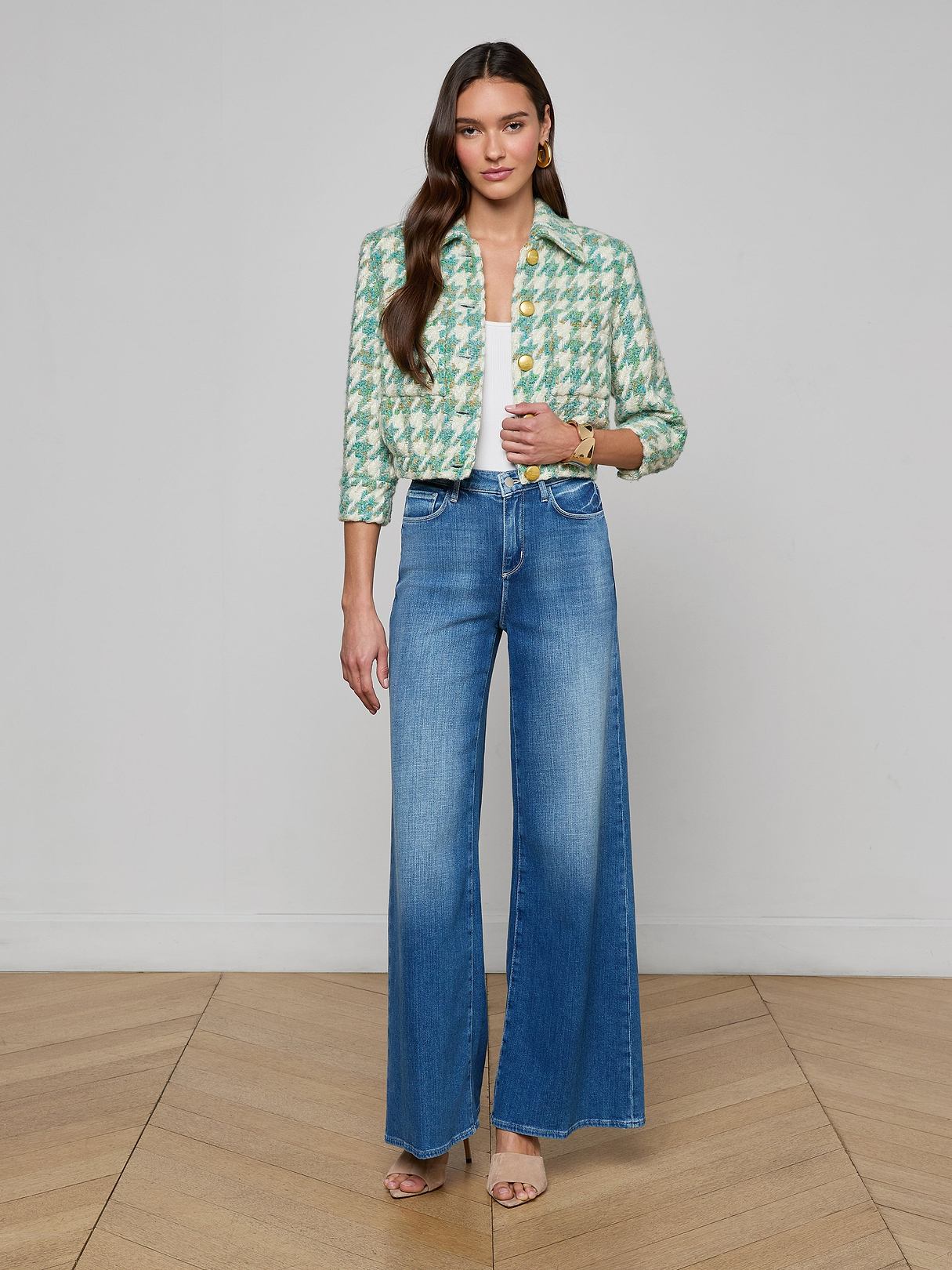 Jia Houndstooth Tweed Jacket in Dusty Jade Multi Houndstooth | L