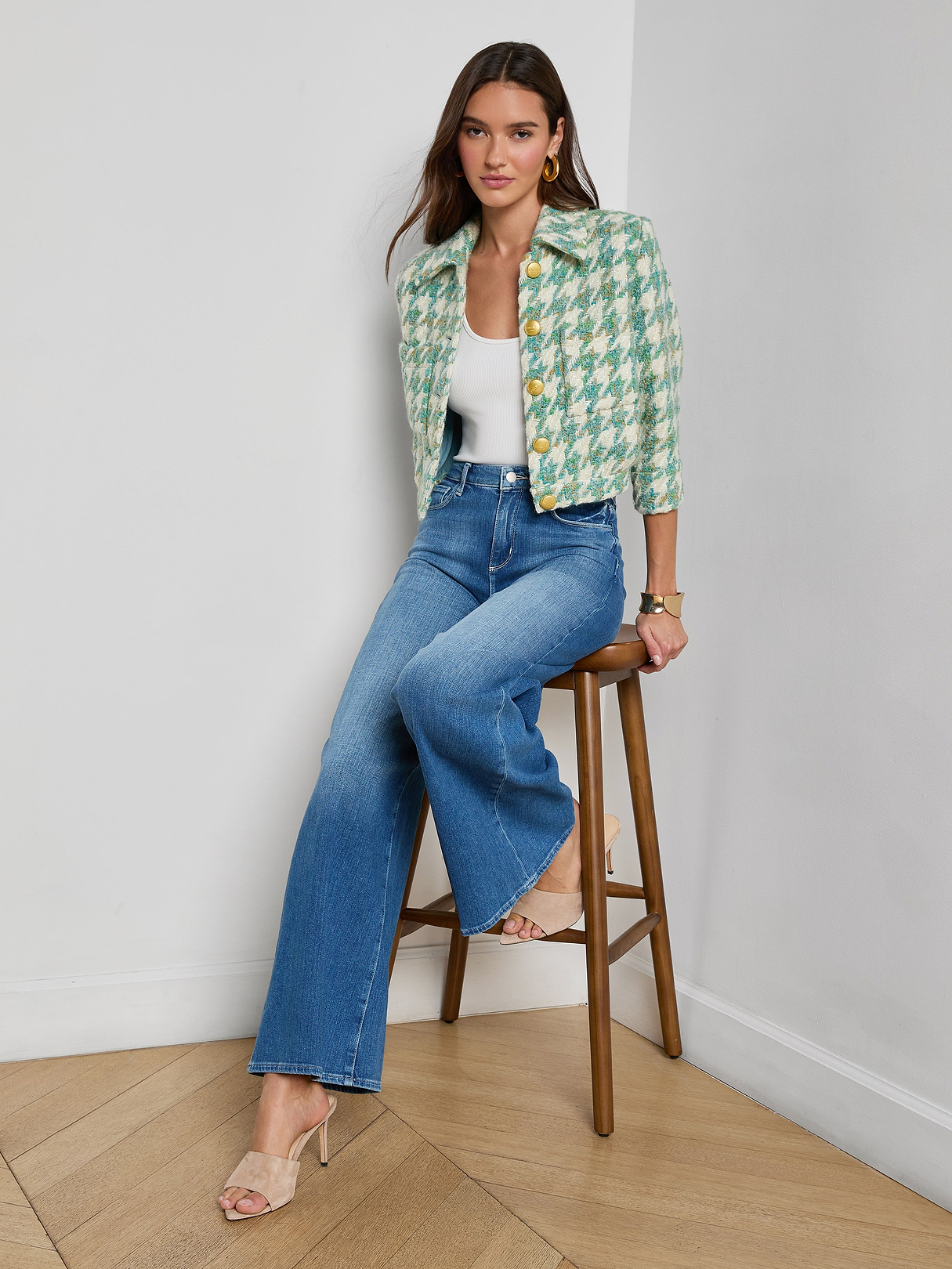 Jia Houndstooth Tweed Jacket in Dusty Jade Multi Houndstooth | L