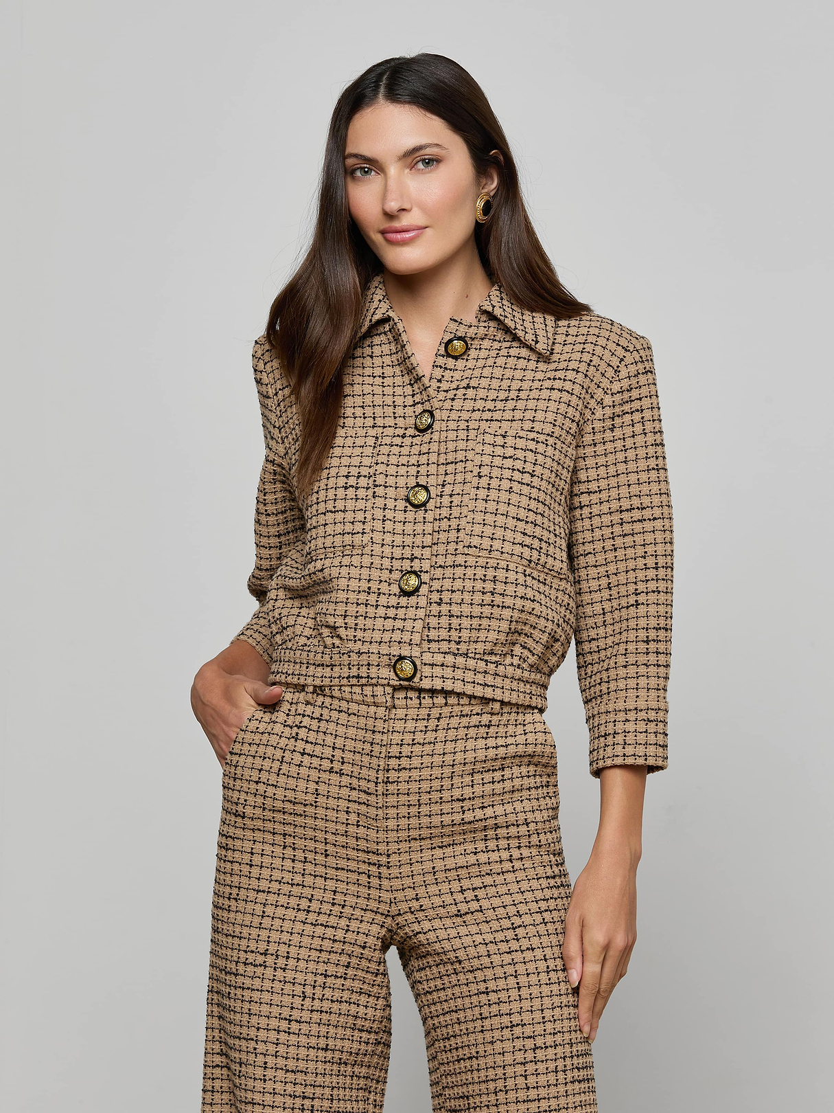 Jia Cropped Tweed Jacket in Chai Latte/Black | L'AGENCE