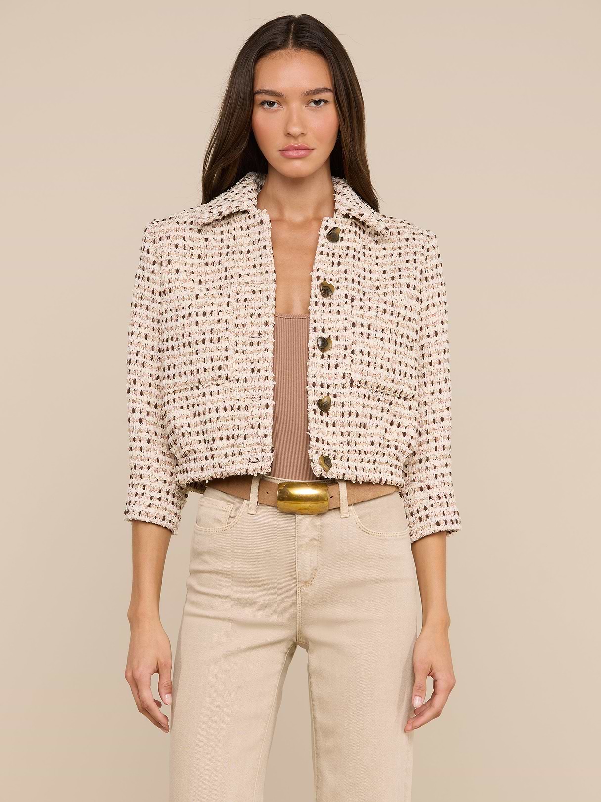 Jia Cropped Tweed Jacket in Ivory/Pink/Dark Brown/Silver Tweed | L