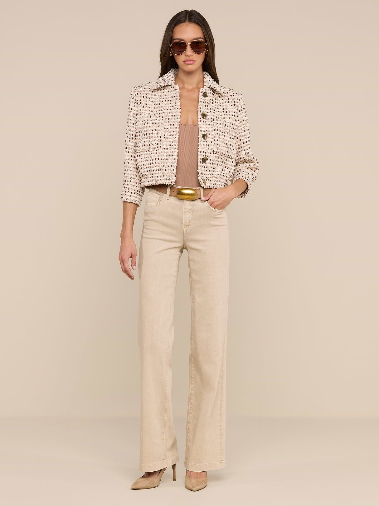 Jia Cropped Tweed Jacket in Ivory/Pink/Dark Brown/Silver Tweed | L