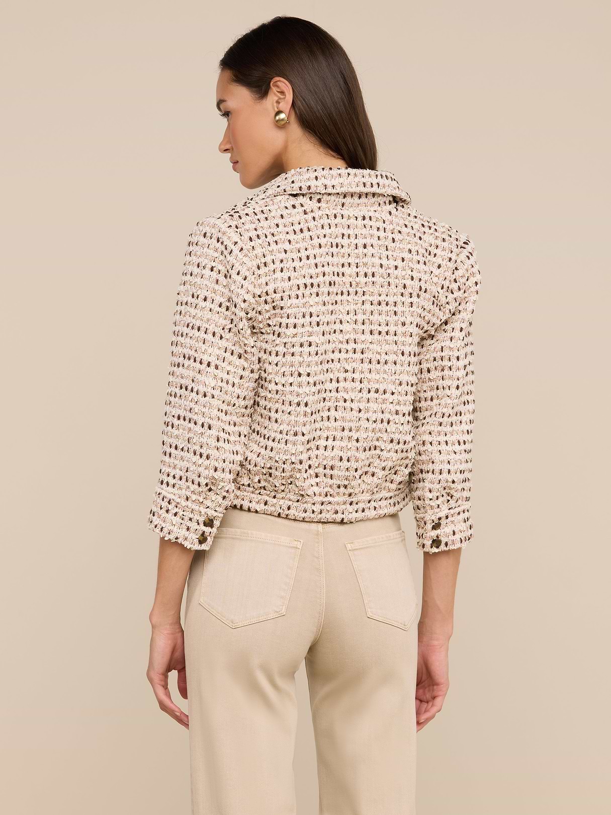 Jia Cropped Tweed Jacket in Ivory/Pink/Dark Brown/Silver Tweed | L