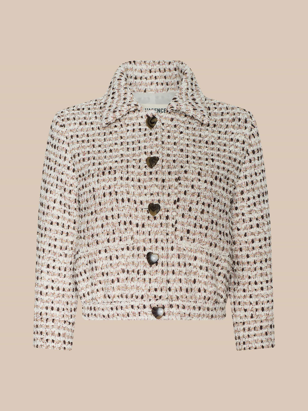 Jia Cropped Tweed Jacket in Ivory/Pink/Dark Brown/Silver Tweed | L