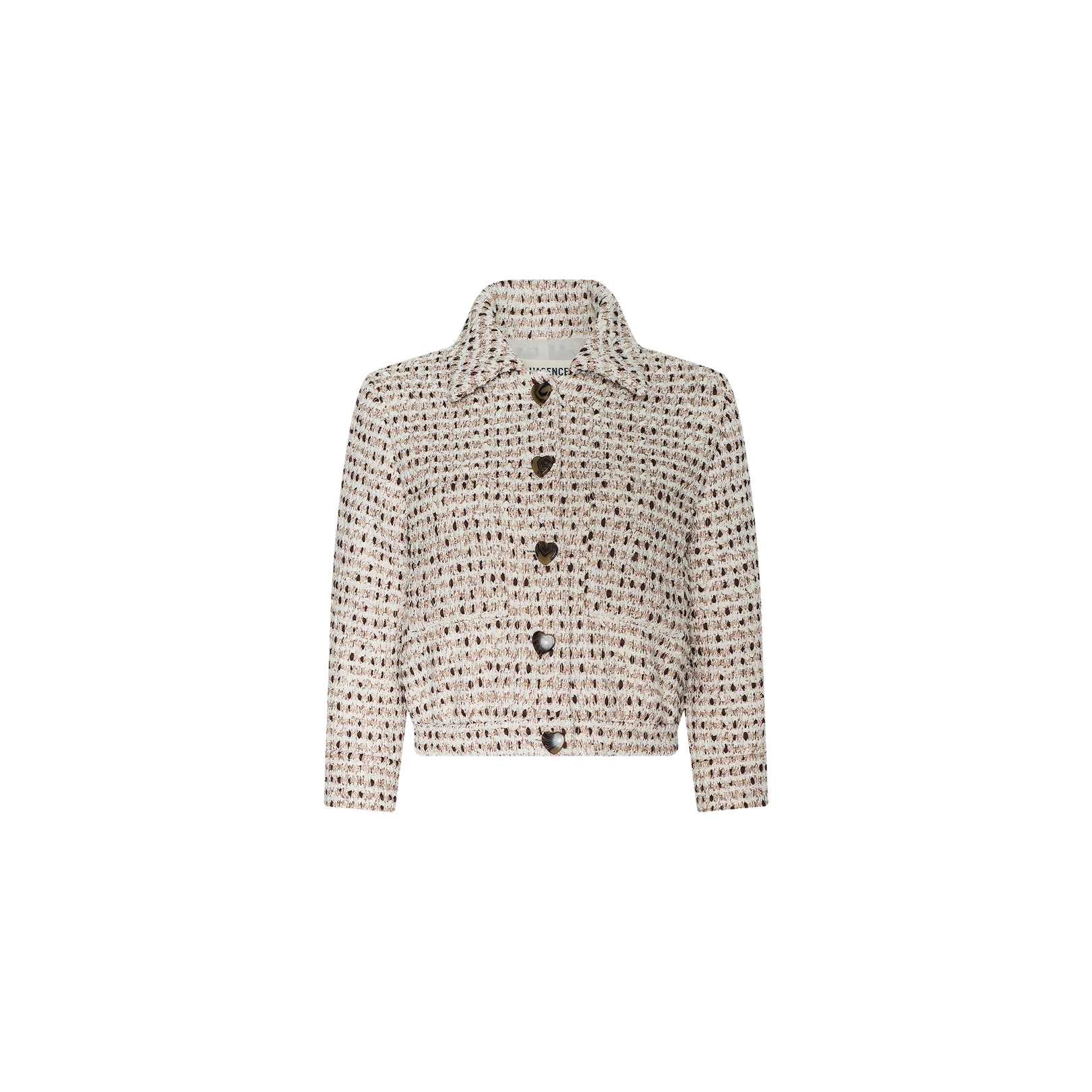 The Jia Cropped Tweed Jacket, featuring a cream and brown textured tweed fabric, large black buttons, a pointed collar, and long sleeves, is displayed on a plain white background.