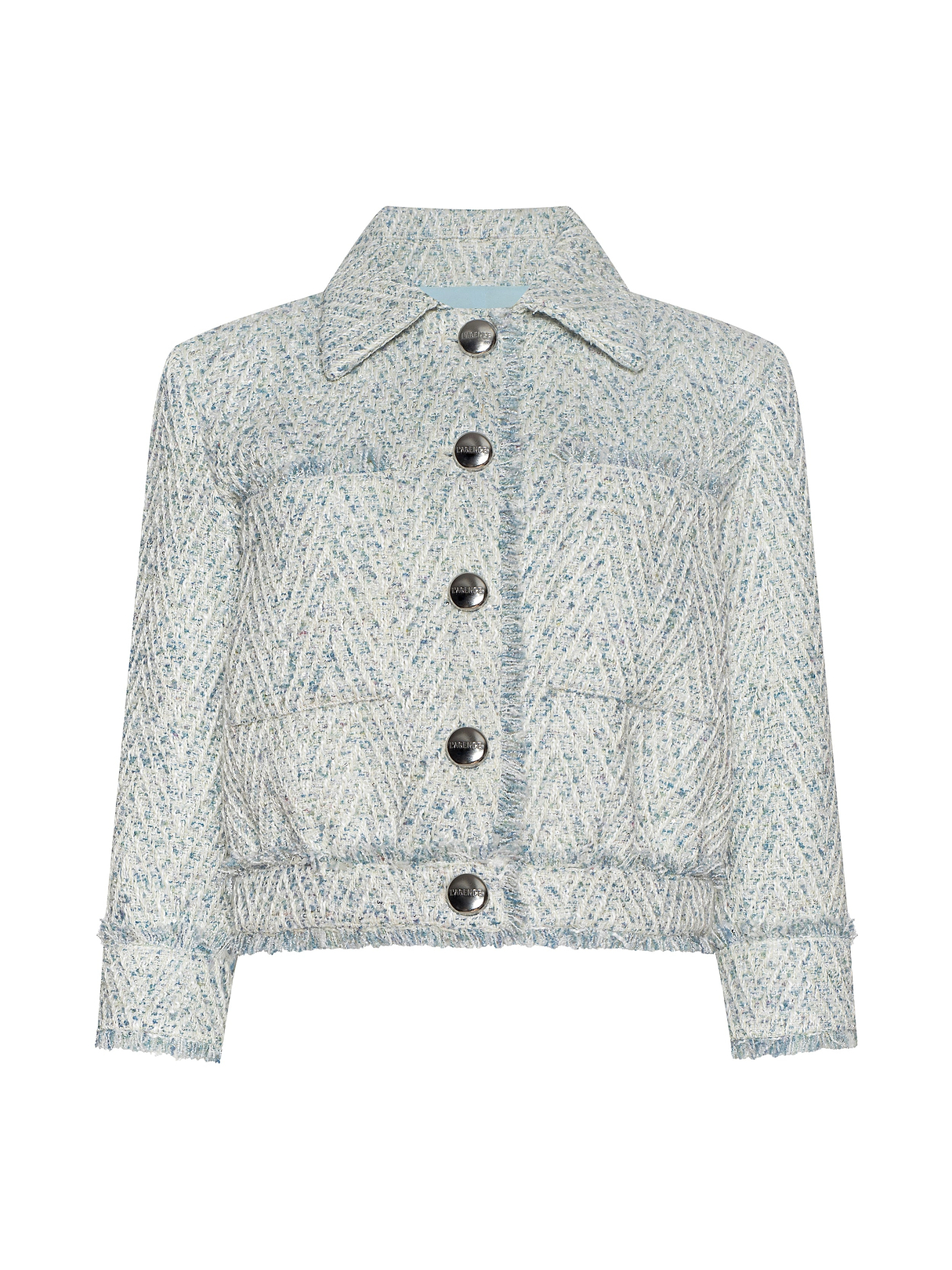 Jia Fringed Tweed Jacket in Light Blue/Ivory Chevron | L'AGENCE