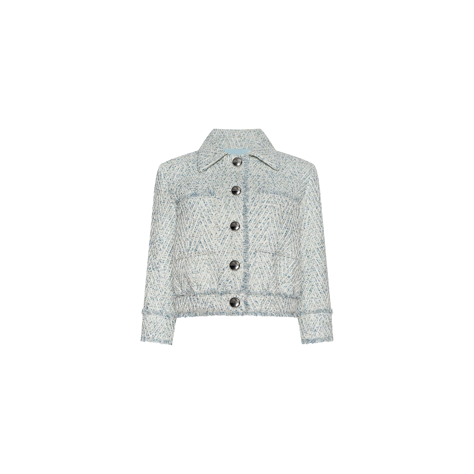 Jia Fringed Tweed Jacket in light blue and white chevron tweed, featuring a collar, long sleeves, front pockets, large dark buttons, and subtle fringed trim accents, displayed on a plain white background.