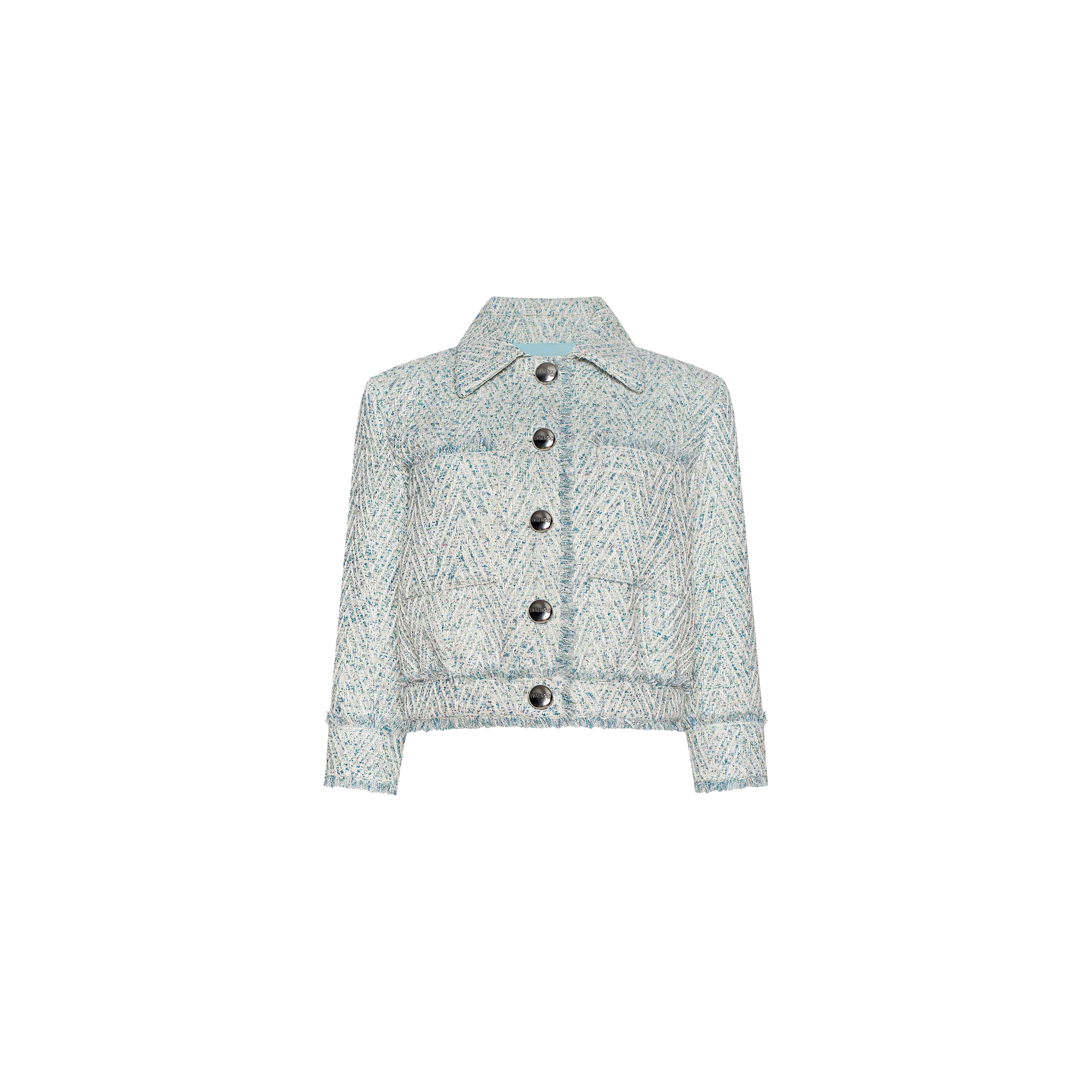 Jia Fringed Tweed Jacket in Light Blue/Ivory Chevron | L'AGENCE Jia Fringed Tweed Jacket in Light Blue/Ivory Chevron | L'AGENCE
