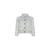 Jia Fringed Tweed Jacket in light blue and white chevron tweed, featuring a collar, long sleeves, front pockets, large dark buttons, and subtle fringed trim accents, displayed on a plain white background.