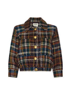 The Jia Cropped Tweed Jacket, featuring multicolored bouclé tweed, large gold buttons, a collar, long sleeves, and textured fabric, is displayed against a white background.