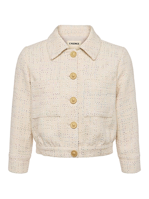 The Jia Sequined Tweed Jacket by L'AGENCE Sale features long sleeves, a collar, front buttons, two chest pockets, subtle multicolored specks, and a cropped boxy fit for modern style.