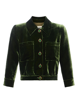 The Jia Velvet Jacket by L'AGENCE is a chic olive green, cropped velvet jacket with a collar, long sleeves, two front pockets, and large decorative buttons with green centers.