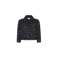 Jia Sequined Tweed Jacket in a cropped, black and white houndstooth pattern featuring a collar, button front, and sequin embellishments.