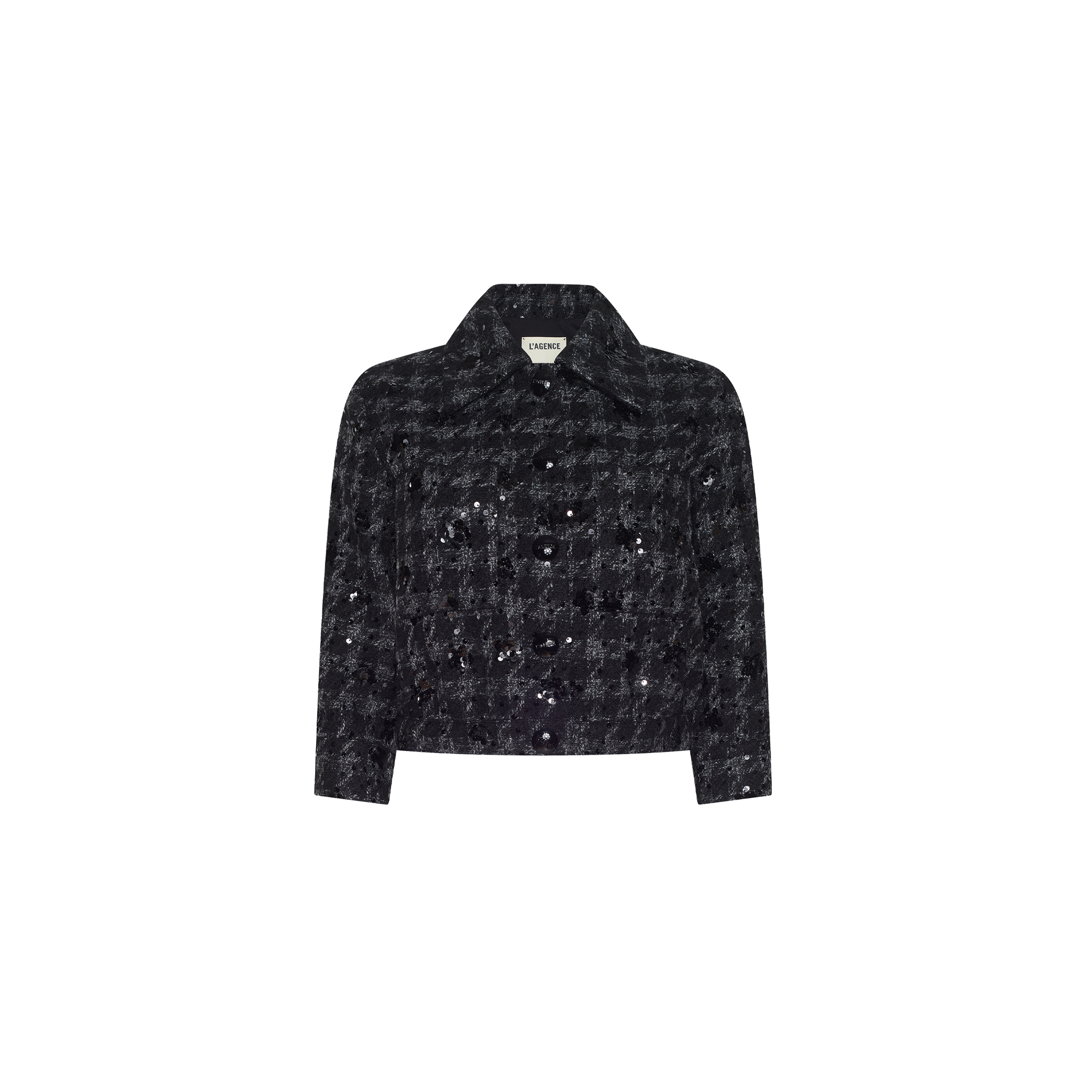 Jia Sequined Tweed Jacket in a cropped, black and white houndstooth pattern featuring a collar, button front, and sequin embellishments.
