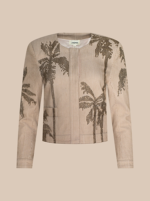 The Lian Beaded Jacket features a collarless silhouette, long sleeves, a light base with thin vertical stripes, and dark palm tree prints on the front.