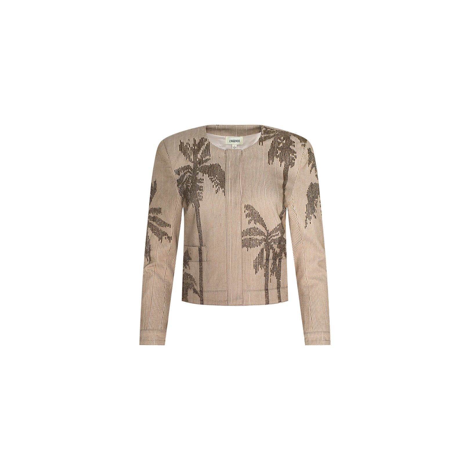 The Lian Beaded Jacket features a beige long-sleeve, collarless silhouette with front pockets and a dark brown palm tree motif. It is displayed against a plain white background.