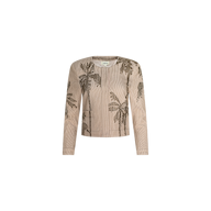 The Lian Beaded Jacket features a beige long-sleeve, collarless silhouette with front pockets and a dark brown palm tree motif. It is displayed against a plain white background.