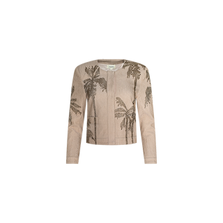 Lian Beaded Jacket in beige features a long-sleeve, collarless silhouette with dark brown palm tree motif prints, an open front, and two front pockets, displayed on a plain white background.