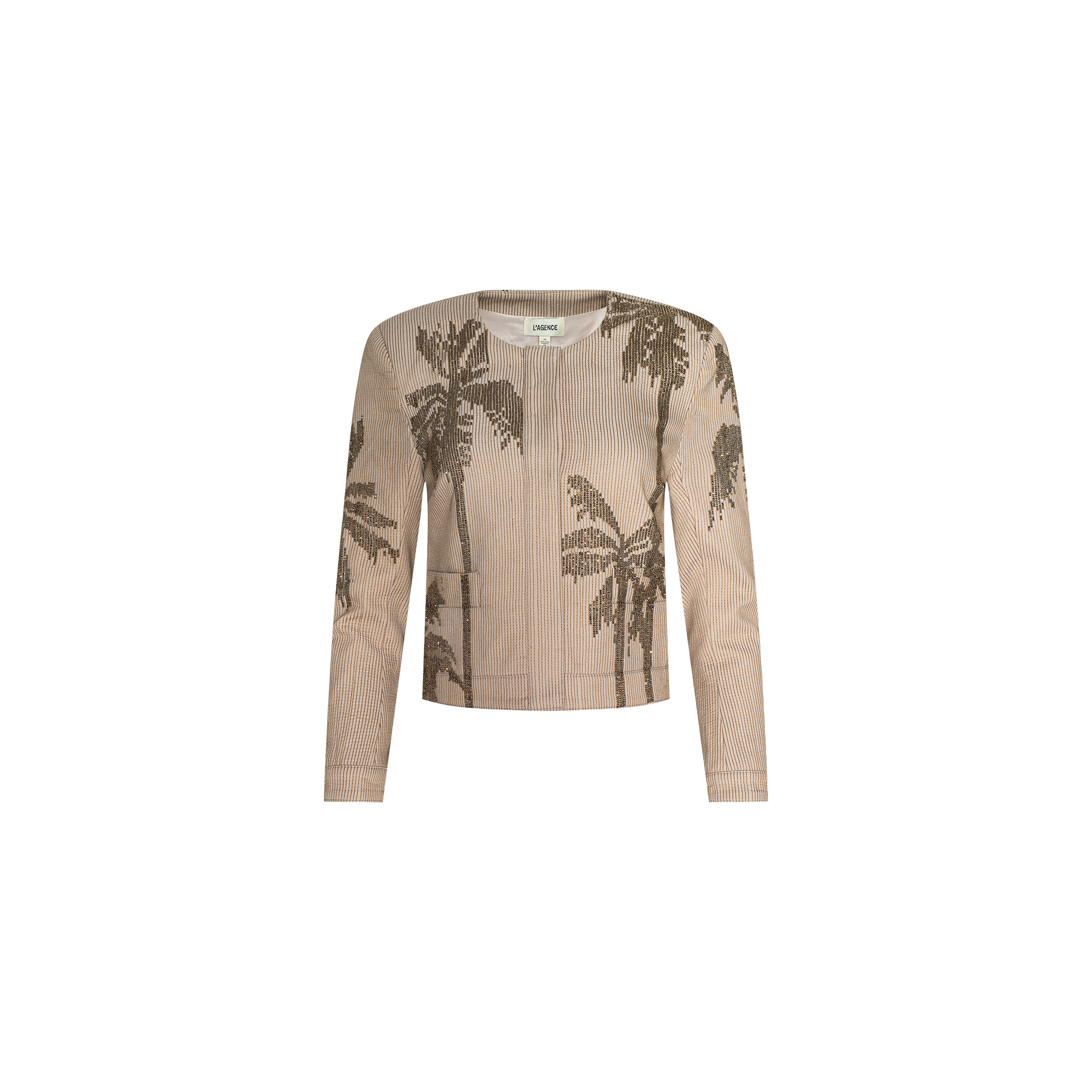 The Lian Beaded Jacket features a beige long-sleeve, collarless silhouette with front pockets and a dark brown palm tree motif. It is displayed against a plain white background.