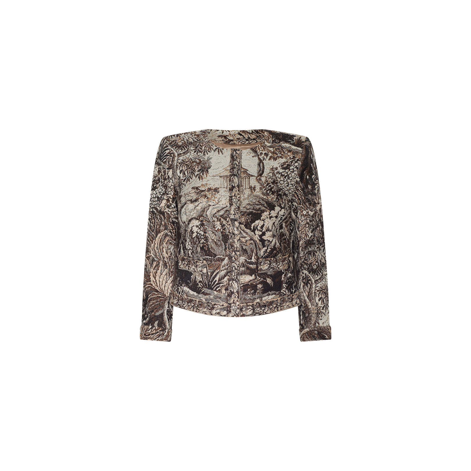 The Lian Tapestry Jacket features a detailed, vintage-inspired print in brown and beige depicting pastoral scenes with trees and figures, reminiscent of Italian tapestry jacquard designs, displayed on a plain white background.