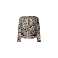 The Lian Tapestry Jacket features a detailed, vintage-inspired print in brown and beige depicting pastoral scenes with trees and figures, reminiscent of Italian tapestry jacquard designs, displayed on a plain white background.