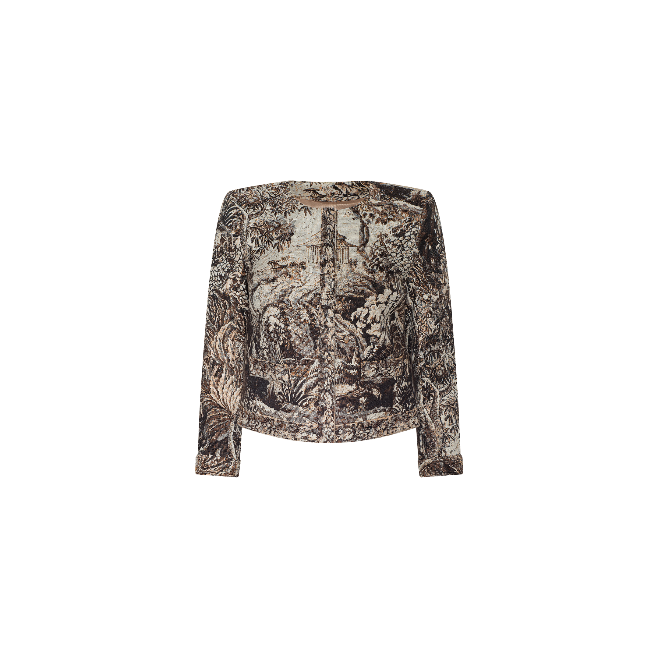 The Lian Tapestry Jacket features a detailed, vintage-inspired print in brown and beige depicting pastoral scenes with trees and figures, reminiscent of Italian tapestry jacquard designs, displayed on a plain white background.
