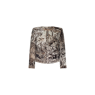 Long-sleeved Lian Tapestry Jacket featuring an intricate, vintage-style woodland and castle scene in black and beige tones on a white background, reminiscent of classic Italian jacquard tapestry.