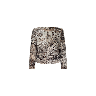 Lian Tapestry Jacket featuring a vintage-style black and white pastoral landscape print reminiscent of Italian tapestry jacquard, with trees, foliage, and figures in a scenic outdoor setting on a plain white background.