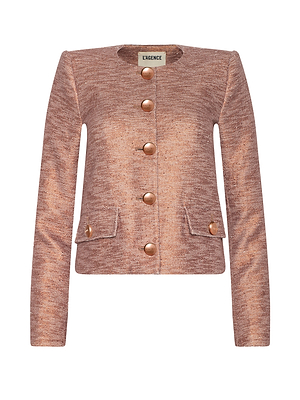 The Zell Tweed Jacket in rose gold slub features a glossy sheen, long sleeves, a round collar, six metallic front buttons, and two flap pockets with matching buttons on each side.