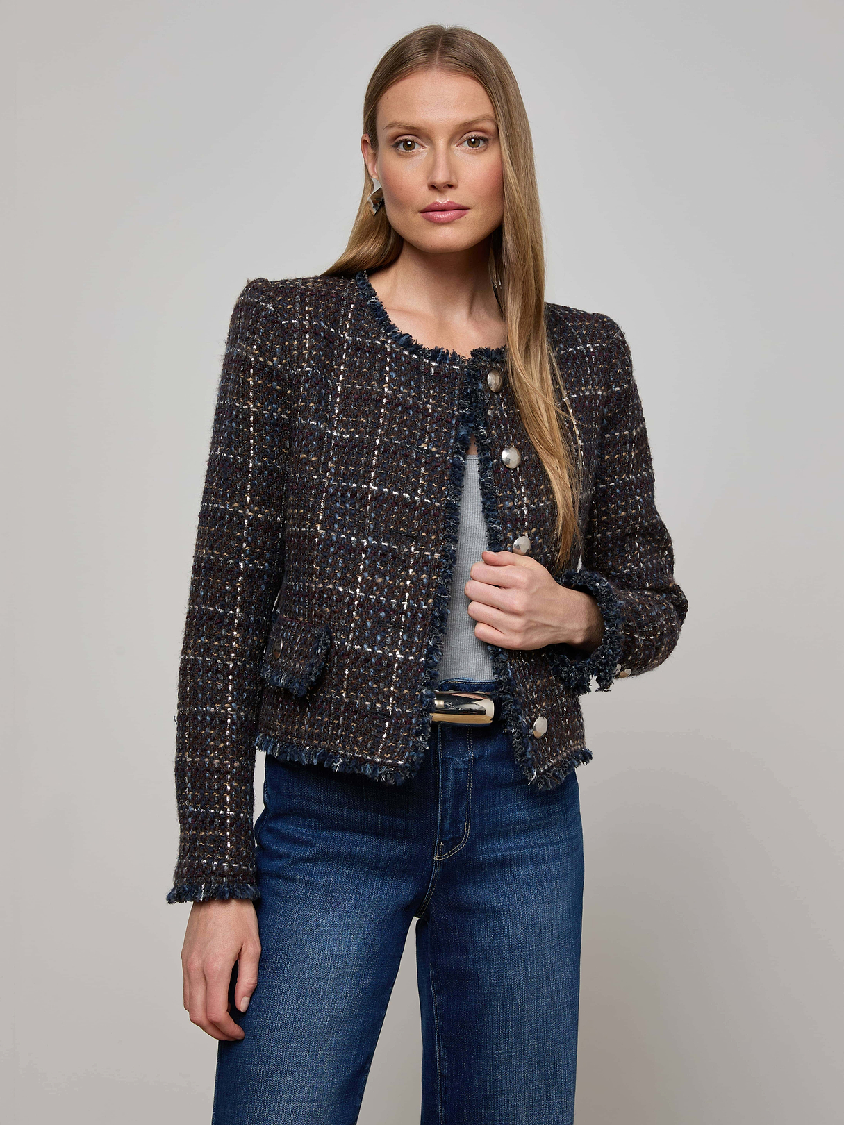 Zaya Tweed Jacket in Midnight Brown Multi Tweed | L'AGENCE