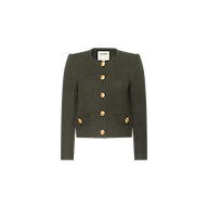 Zell Tweed Jacket in dark green, featuring a textured, collarless design for women with long sleeves, gold front buttons, and two front pockets, shown on a white background.