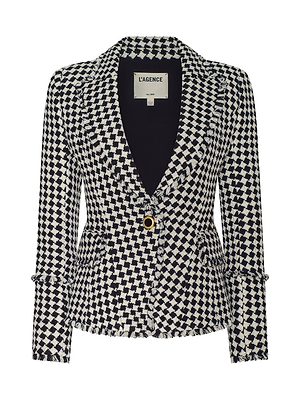 The LAGENCE Kaisley Tweed Blazer for women features black and ivory textured tweed, a notched collar, single gold button closure, front pockets, frayed edge detailing, and a tailored fit.