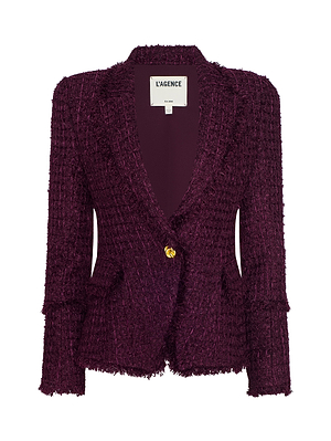 The Kaisley Tweed Blazer by L'AGENCE features deep purple textured fabric, notched lapels, a single gold button closure, and structured shoulders.