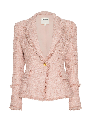 The Kaisley Tweed Blazer by L’AGENCE features light pink tweed, frayed edges, a single gold button, notched lapel, and two front flap pockets—an effortlessly chic choice for any occasion.