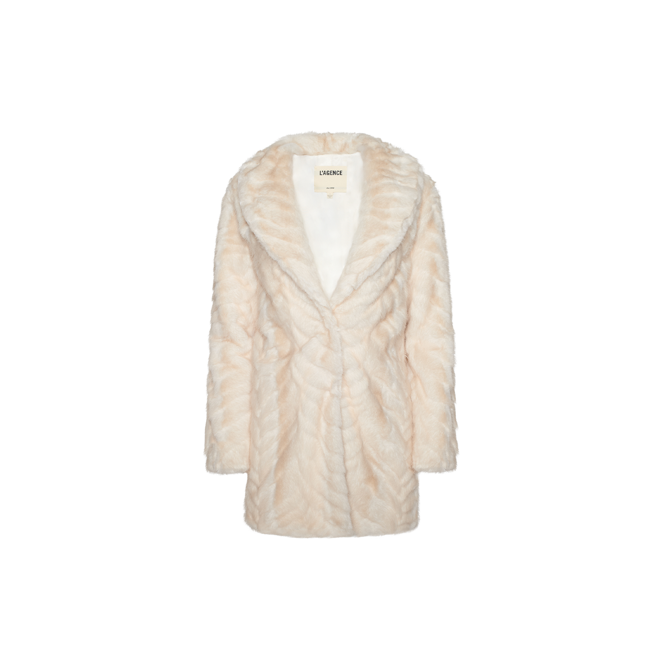 Toira Faux Fur Coat in cream-colored 70s inspired chevron faux fur with a wide collar and single-button closure.