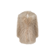 The Toira Faux Fur Coat is a beige, fluffy coat with a thick, plush texture and vintage-inspired 70s rockstar vibes, displayed on a plain white background.