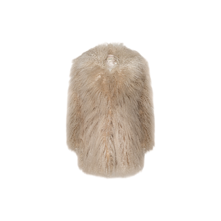 The Toira Faux Fur Coat, a vintage-inspired beige fluffy piece, is showcased against a plain white background, channeling effortless 70s rockstar glamour.