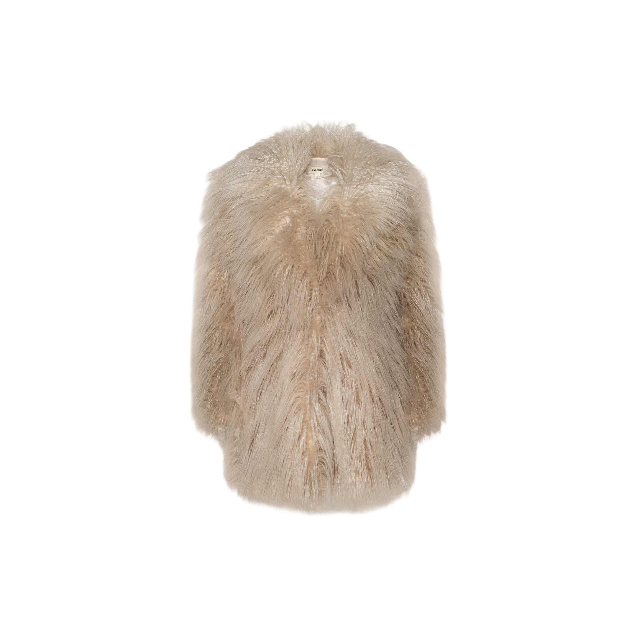 The Toira Faux Fur Coat is a beige, fluffy coat with a thick, plush texture and vintage-inspired 70s rockstar vibes, displayed on a plain white background.