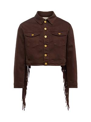 The Koda Fringe Jean Jacket is a cropped chocolate denim jacket with gold buttons, front chest pockets, and long fringe detailing on the sides, shown on a white background.