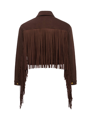 The Koda Fringe Jean Jacket in chocolate denim features long fringe detailing along the back and sleeves, displayed from the back against a white background.