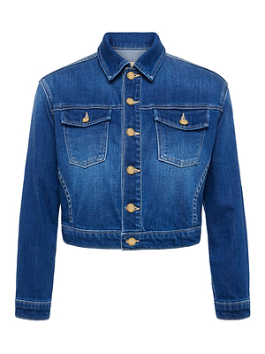 The Koda Cropped Jean Jacket by L'AGENCE features stretch denim, long sleeves, chest pockets with flaps, gold front buttons, a classic collar, and a modern cropped fit.