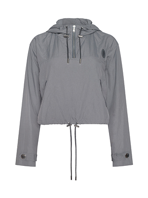 The Bronwyn Cropped Windbreaker is a gray, hooded, long-sleeve jacket with front drawstring at the waist and neck, buttoned cuffs, and a small circular patch on the left chest.