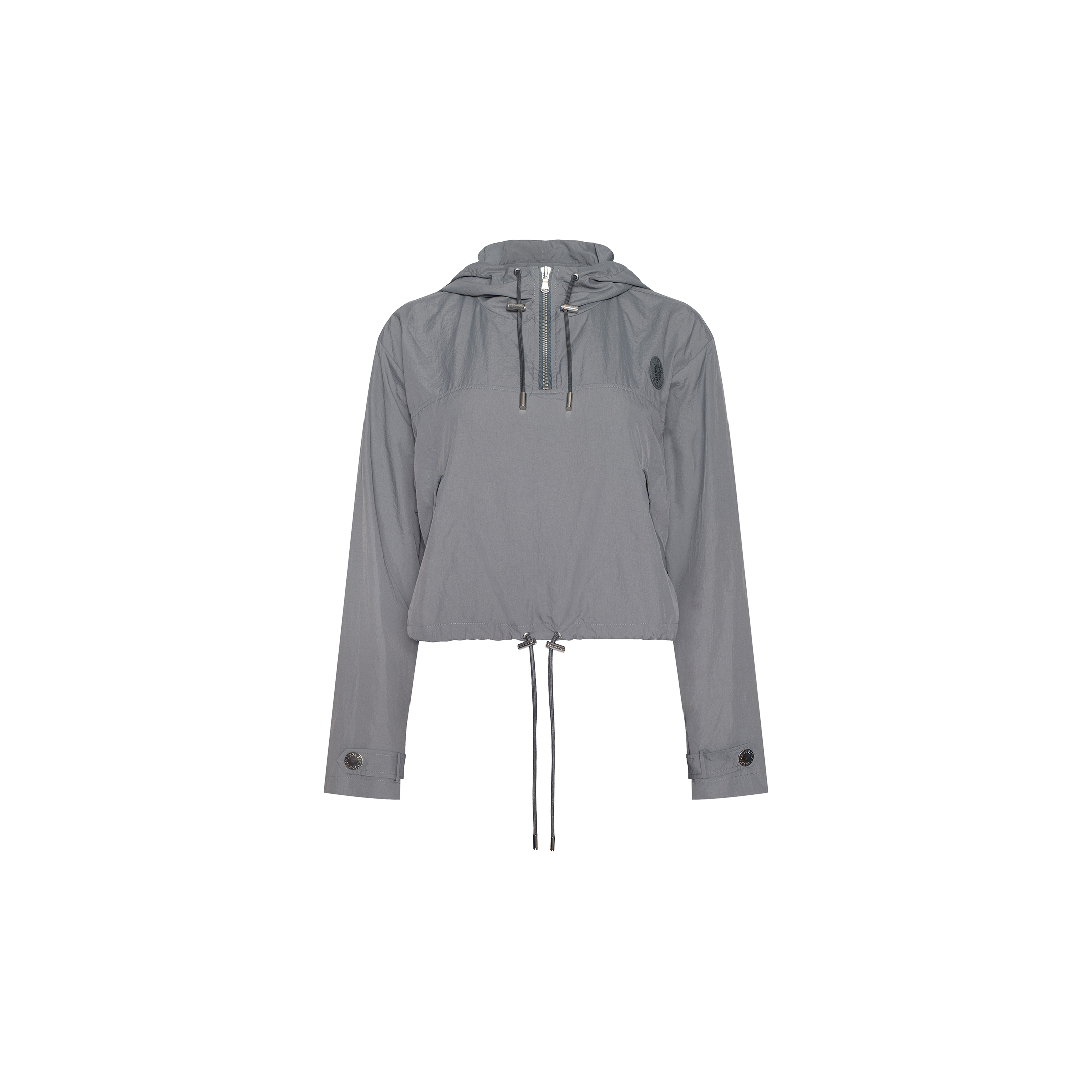 The Bronwyn Cropped Windbreaker, a gray hooded pullover jacket with long sleeves, a front zip, adjustable drawstrings at the waist and hood, and button details on the sleeve cuffs, is displayed on a plain white background.