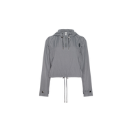 The Bronwyn Cropped Windbreaker, a gray hooded pullover jacket with long sleeves, a front zip, adjustable drawstrings at the waist and hood, and button details on the sleeve cuffs, is displayed on a plain white background.