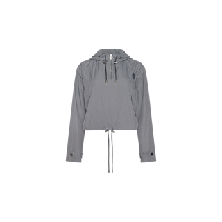 The Bronwyn Cropped Windbreaker is a gray jacket with long sleeves, a front zipper, a drawstring hood and waist, and buttoned cuffs. Featuring a water-repellent finish for added protection, this elevated windbreaker is displayed on a plain white background.