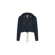 Introducing the Bronwyn Cropped Windbreaker: a stylish navy blue jacket with a zip front, gold accents, drawstring waist, long sleeves, buttoned cuffs, and a hooded cropped silhouette. Displayed against a plain white background.