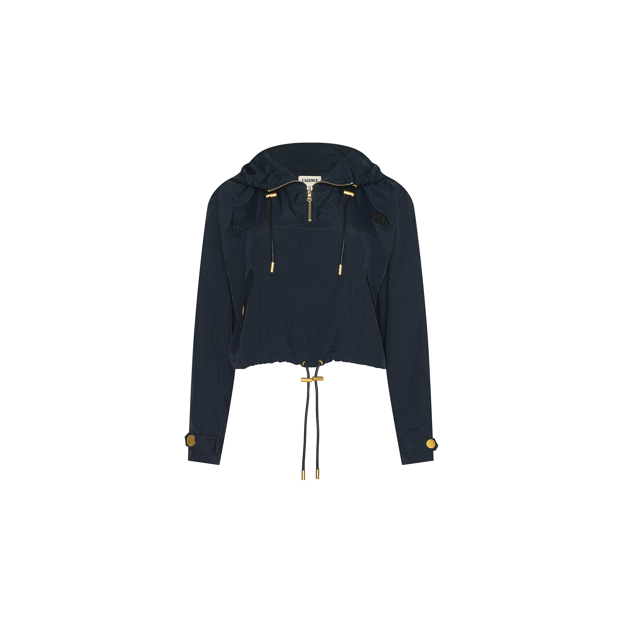 Introducing the Bronwyn Cropped Windbreaker: a stylish navy blue jacket with a zip front, gold accents, drawstring waist, long sleeves, buttoned cuffs, and a hooded cropped silhouette. Displayed against a plain white background.
