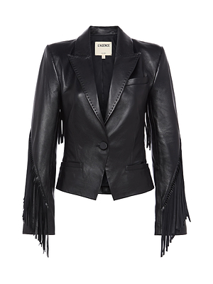 The Vashti Fringed Leather Blazer by L'AGENCE is a black Italian lambskin blazer featuring a single button closure, notched lapels, fringe detailing on the sleeves, and a sleek, tailored fit.