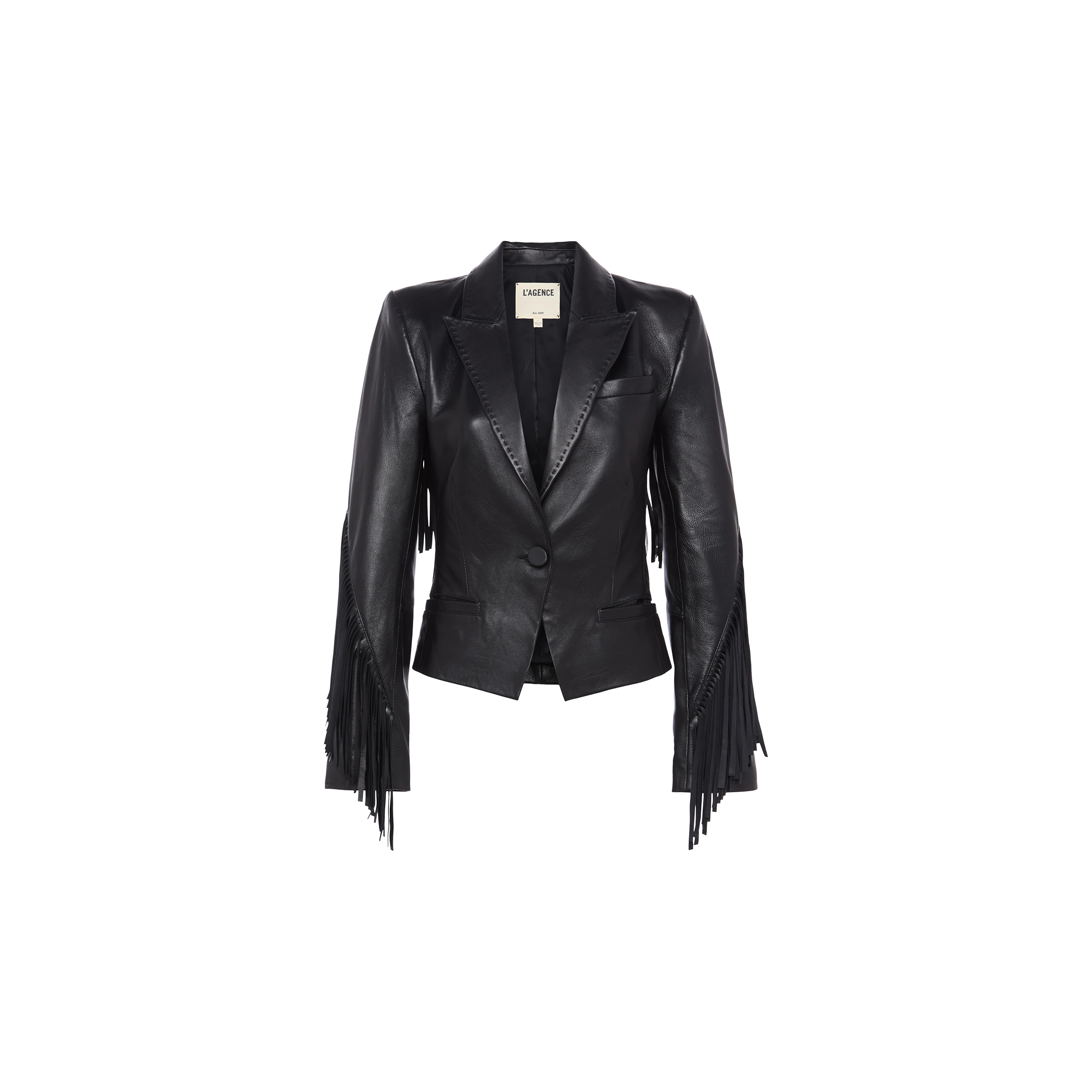 The Vashti Fringed Leather Blazer is crafted from supple Italian lambskin leather and features a notched lapel, two-button closure, and statement fringe detailing along the sleeves. The jacket is displayed on a plain white background.