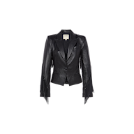 The Vashti Fringed Leather Blazer is crafted from supple Italian lambskin leather and features a notched lapel, two-button closure, and statement fringe detailing along the sleeves. The jacket is displayed on a plain white background.